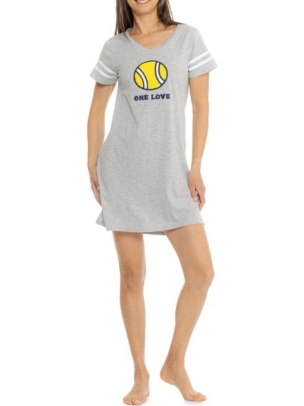 ❗️One Love Tennis Life Is Good Gray V-Neck Sleep Shirt Yellow Tennis Graphic